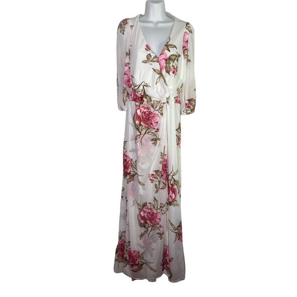 Miss Cristina Womens Faux Wrap Dress White Pink Floral Stretch 3/4 Sleeve Xl New